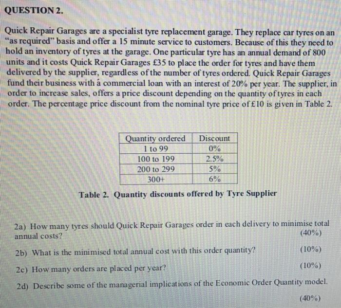 Solved Question 2 Quick Repair Garages Are A Specialist Chegg Com