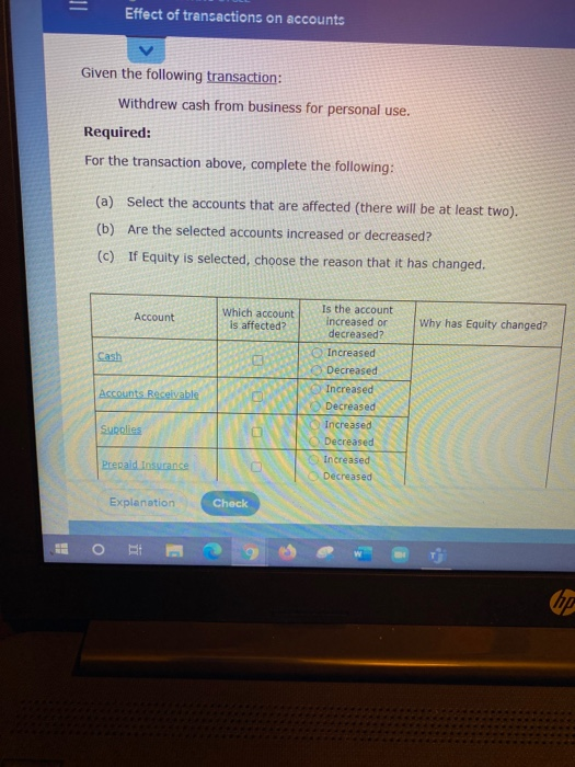 Solved Effect of transactions on accounts Given the | Chegg.com