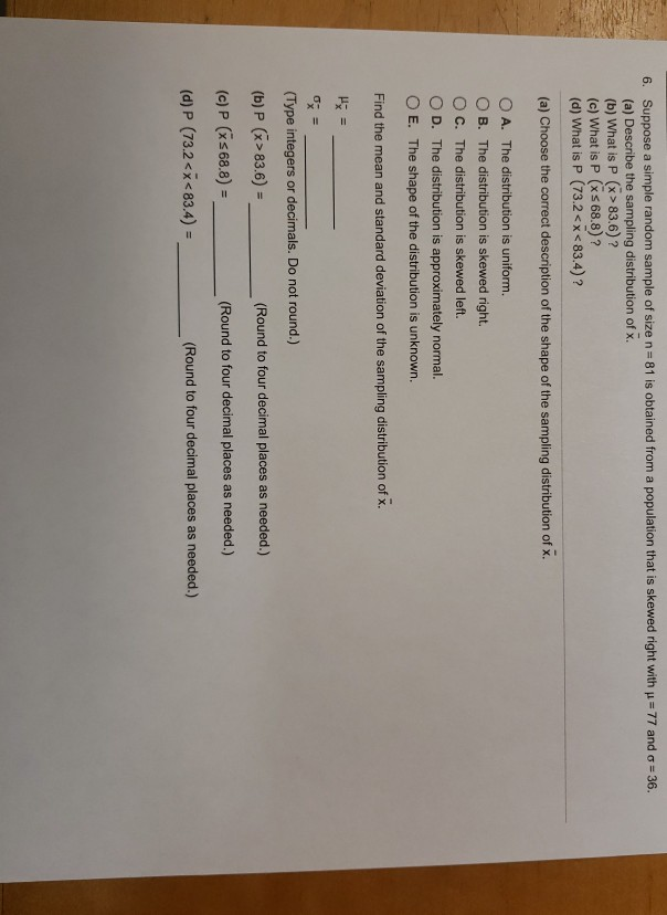 6 Suppose A Simple Random Sample Of Size N 81 Is Chegg Com