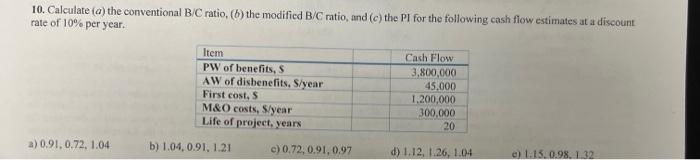 Solved 10. Calculate (a) The Conventional B/C Ratio, (b) The | Chegg.com