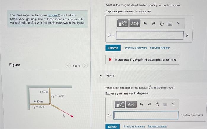 What is the magnitude of the tension \( \vec{T}_{3} \) in the third rope?
Express your answer in newtons.
The three ropes in