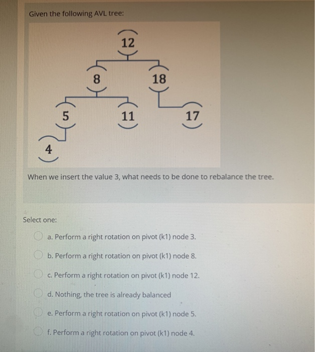 Given the following AVL tree: 400) When we insert the value 3, what needs to be done to rebalance the tree. Select one: a. Pe