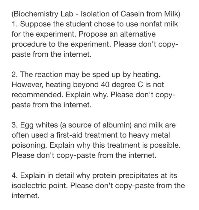 Solved (Biochemistry Lab Isolation of Casein from Milk) 1.