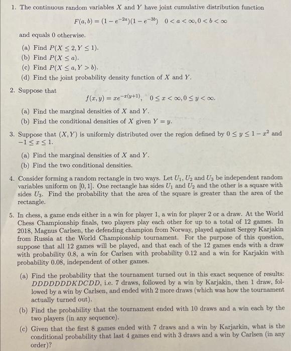 Solved 1 The Continuous Random Variables X And Y Have Joint