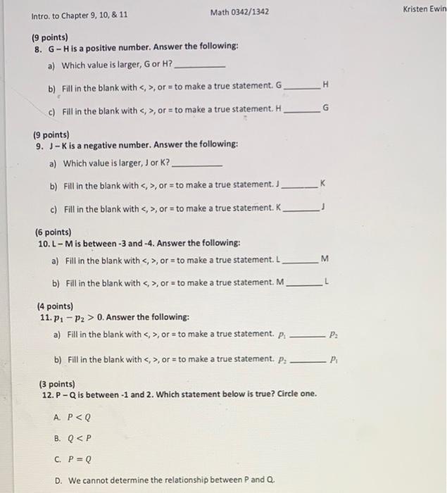 Solved Kristen Ewin Intro To Chapter 9 10 11 Math 034 Chegg Com