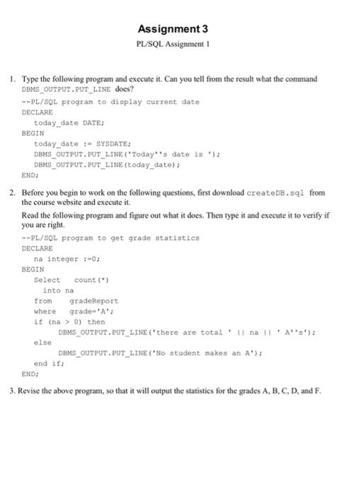 pl sql assignment questions