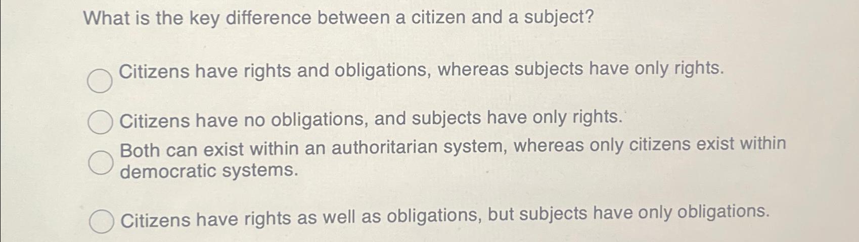 Solved What is the key difference between a citizen and a | Chegg.com