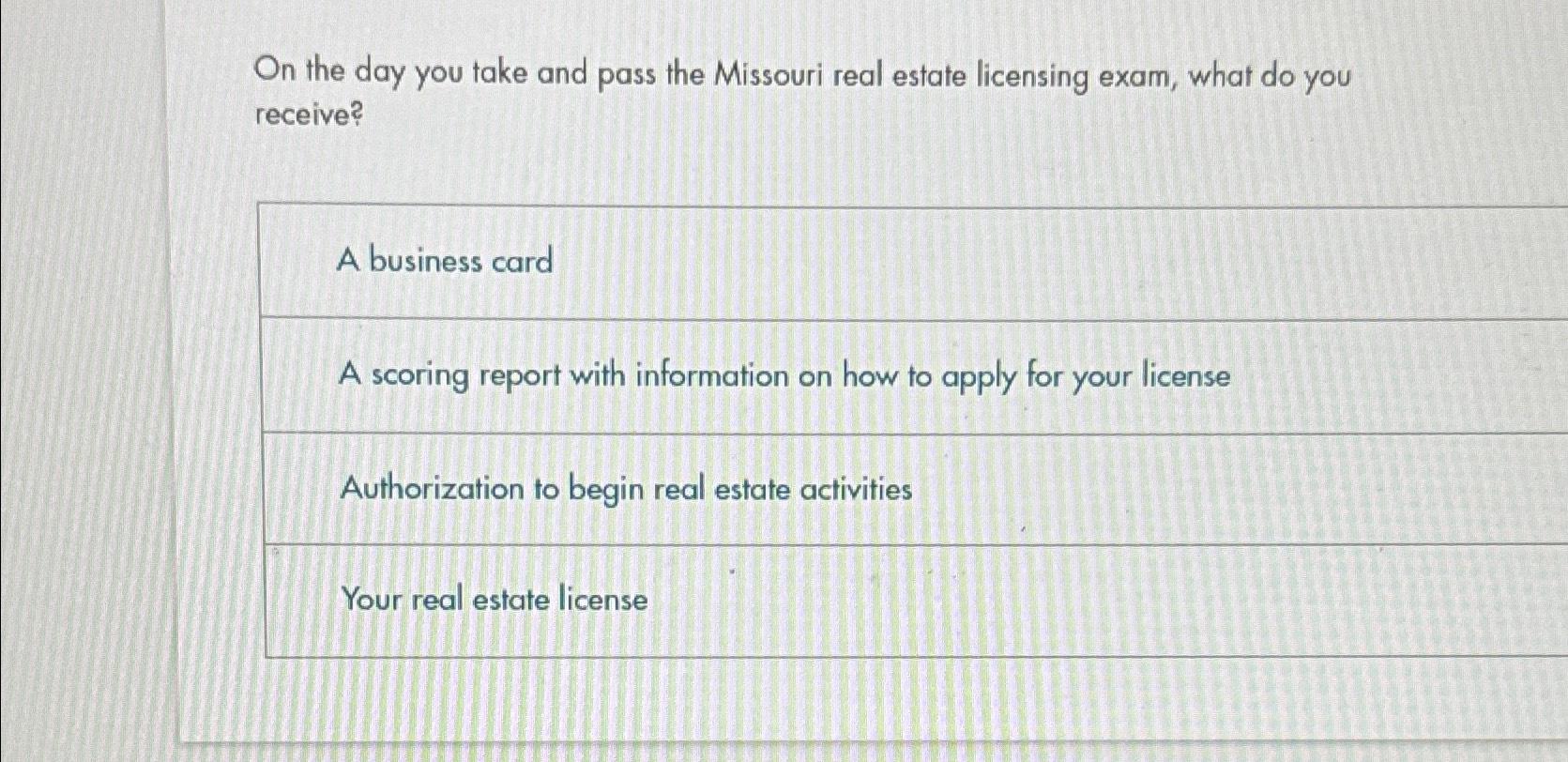 Solved On the day you take and pass the Missouri real estate