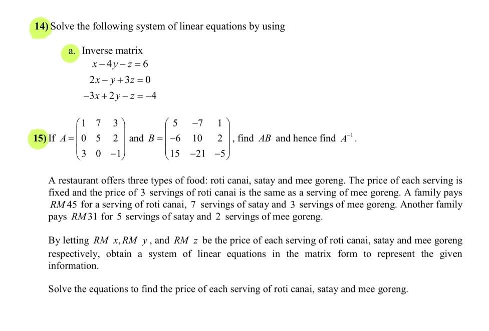Solved 14) Solve the following system of linear equations by | Chegg.com