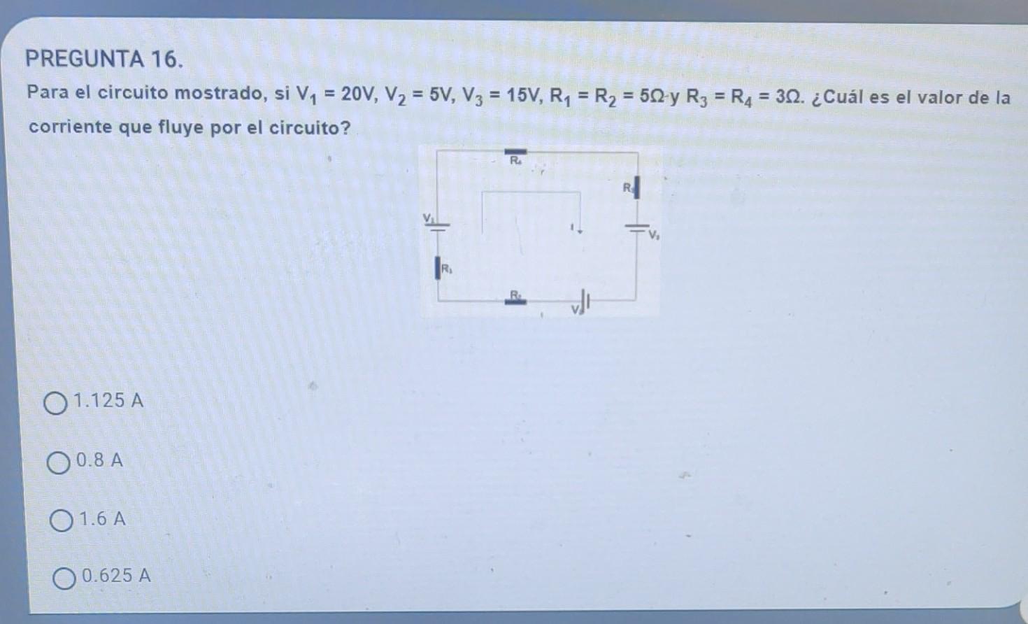 Para el circuito mostrado, si \( V_{1}=20 \mathrm{~V}, V_{2}=5 \mathrm{~V}, V_{3}=15 \mathrm{~V}, R_{1}=R_{2}=5 \Omega-y \qua