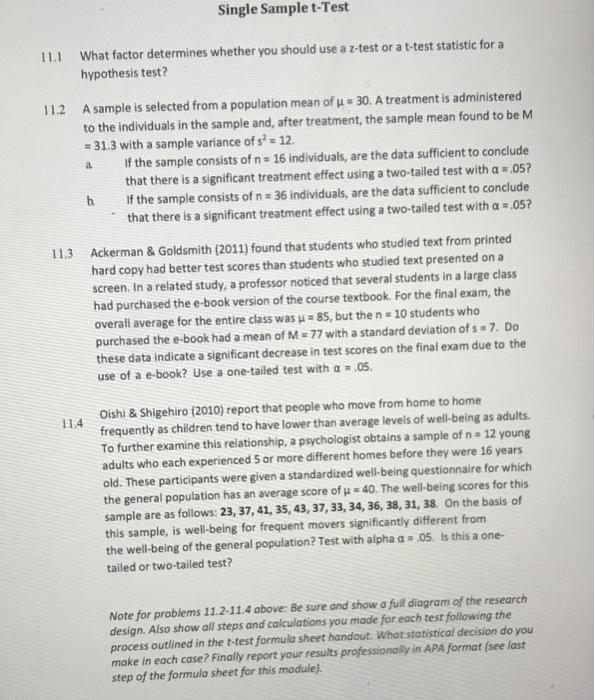 Solved Single Sample t-Test 11.1 What factor determines | Chegg.com