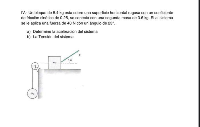 IV.- Un bloque de \( 5.4 \mathrm{~kg} \) esta sobre una superficie horizontal rugosa con un coeficiente de fricción cinético