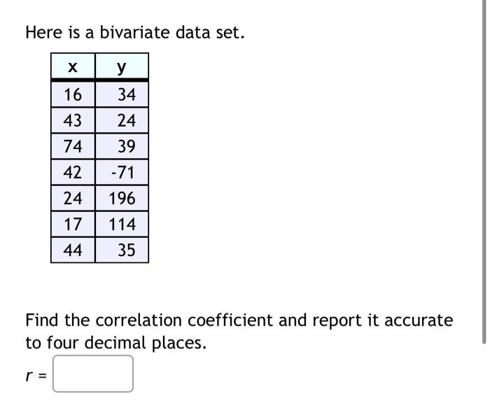 Solved Here is a bivariate data set. Find the correlation | Chegg.com
