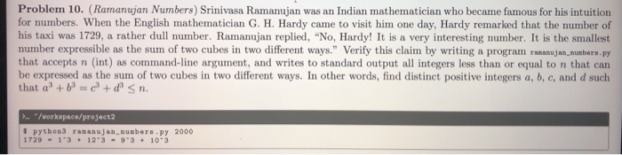 Solved Problem 10. (Ramanujan Numbers) Srinivasa Ramanujan | Chegg.com