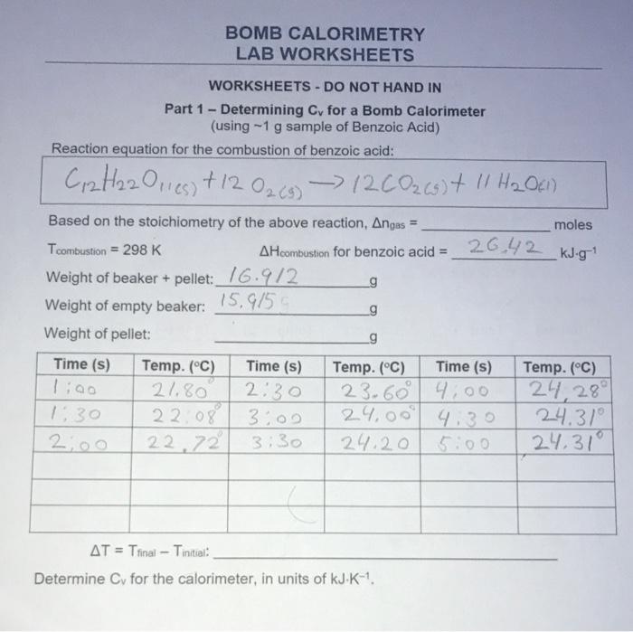 Solved BOMB CALORIMETRY LAB WORKSHEETS WORKSHEETS DO NOT