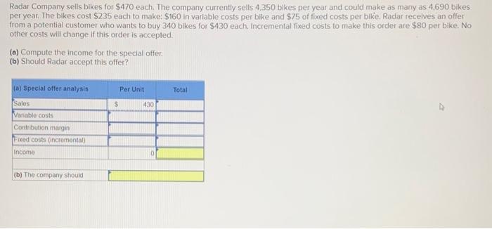 Solved Radar Company sells bikes for $470 each. The company | Chegg.com