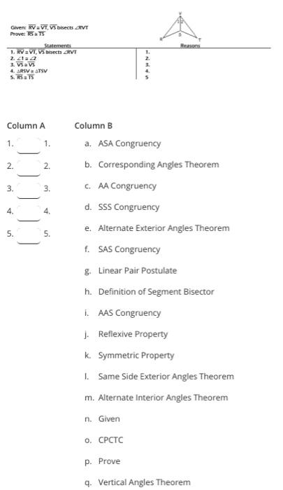 Solved Given RVVT, VS bisects RVT Prove: RS TS Statements 1. | Chegg.com