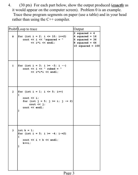 Solved 4. (30 pts) For each part below, show the output | Chegg.com