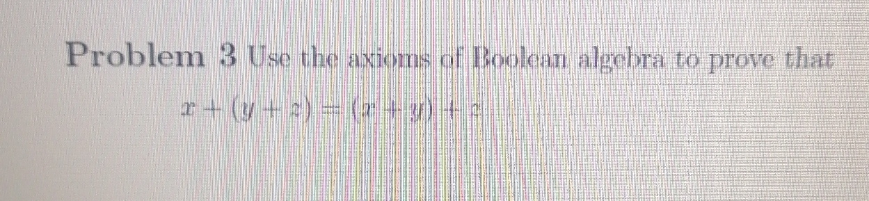 Solved Problem 3 ﻿Use the axioms of Boolean algebra to prove | Chegg.com