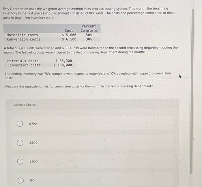 Solved Esty Corporation uses the weighted-average method in | Chegg.com