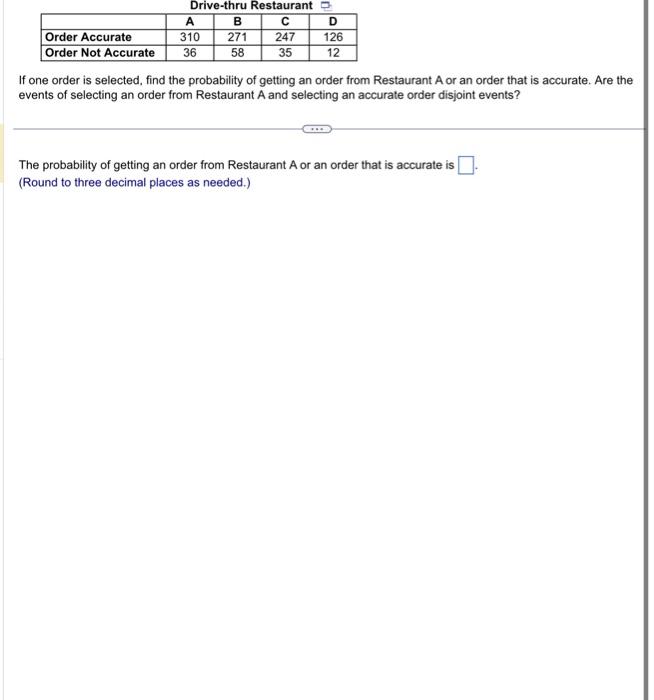 If one order is selected, find the probability of getting an order from Restaurant A or an order that is accurate. Are the ev