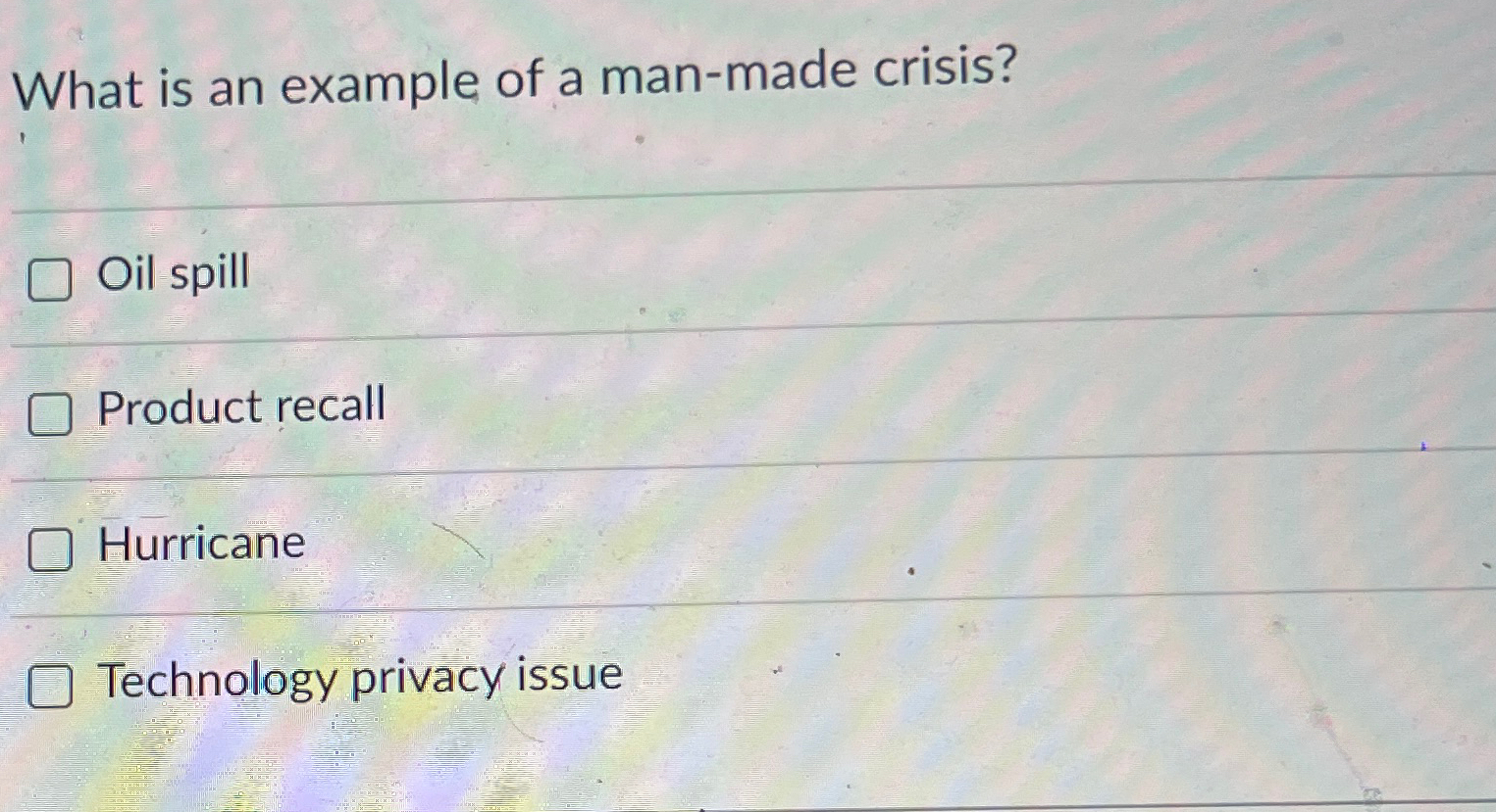 Solved What is an example of a man-made crisis?Oil | Chegg.com