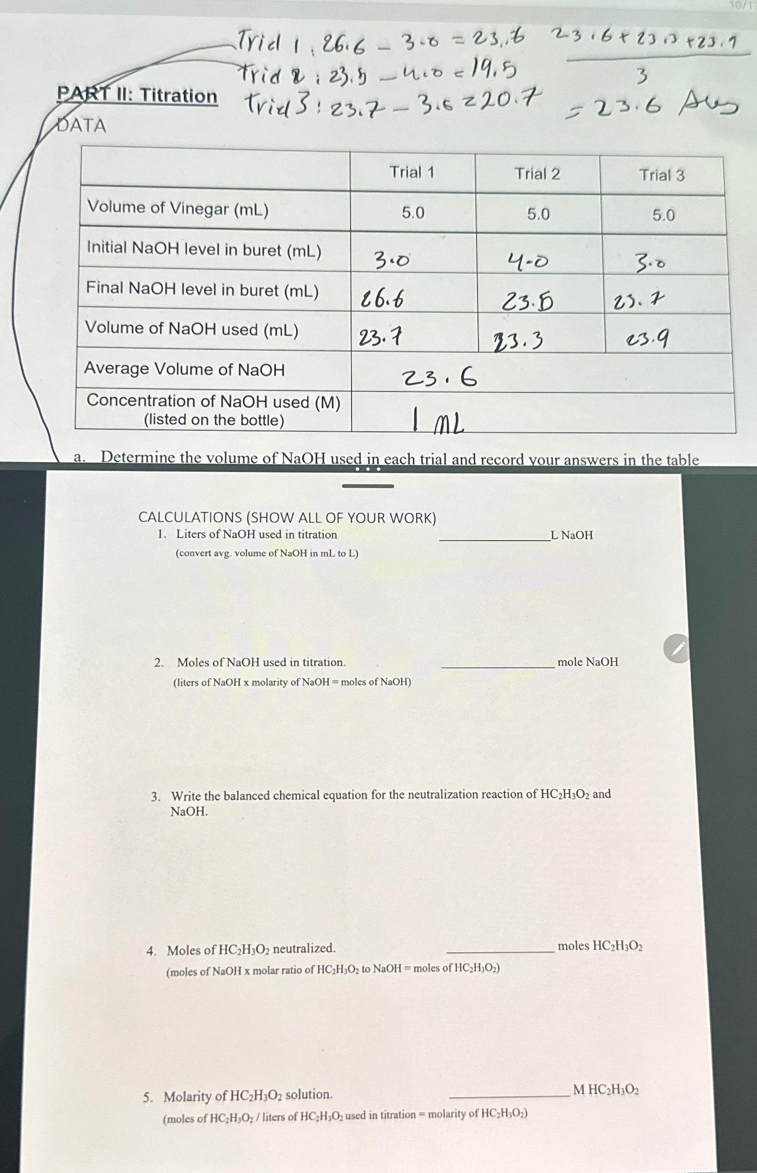 Solved CALCULATIONS (SHOW ALL OF YOUR WORK)Liters of NaOH | Chegg.com