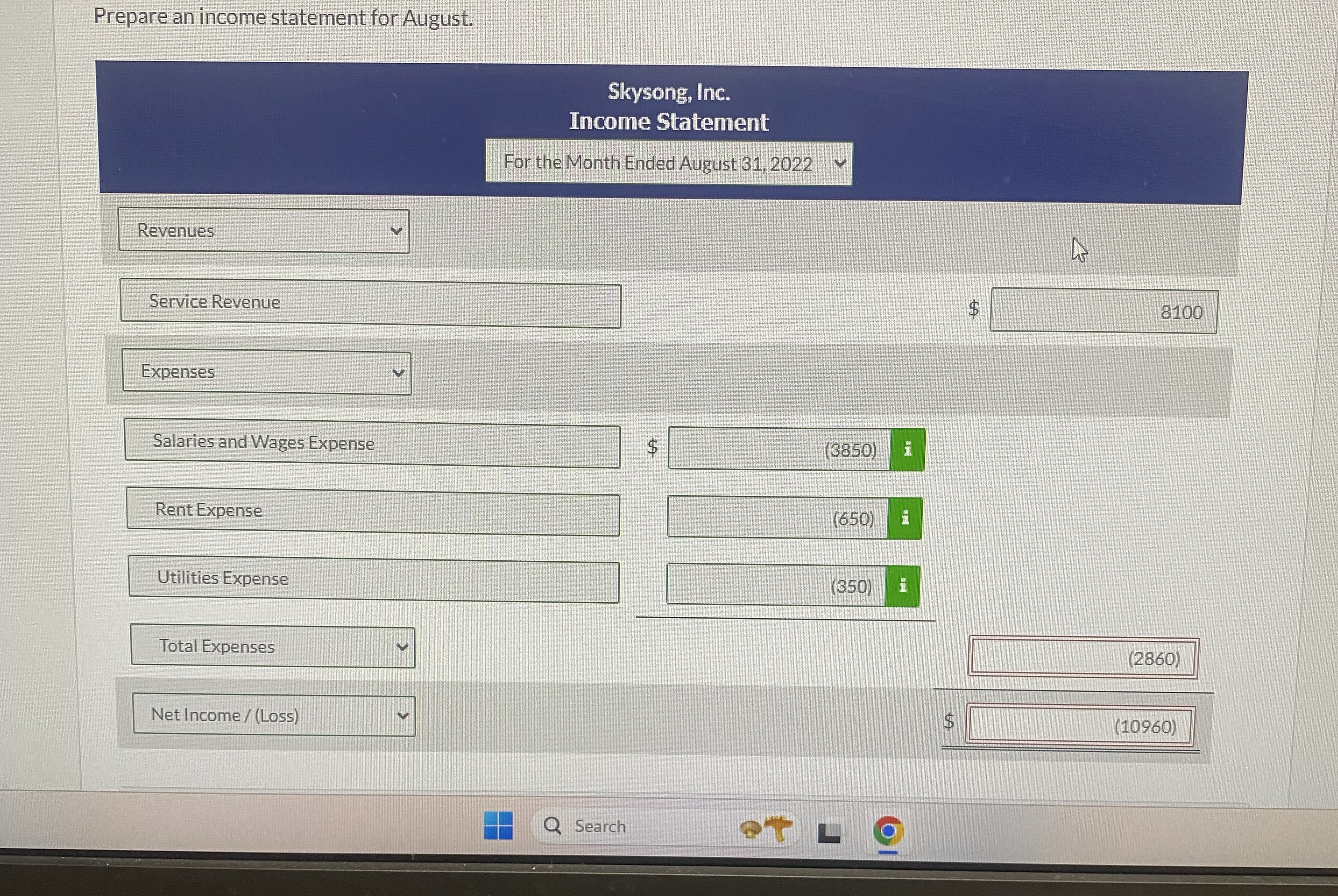 Solved Prepare an income statement for August.Skysong, Inc. | Chegg.com