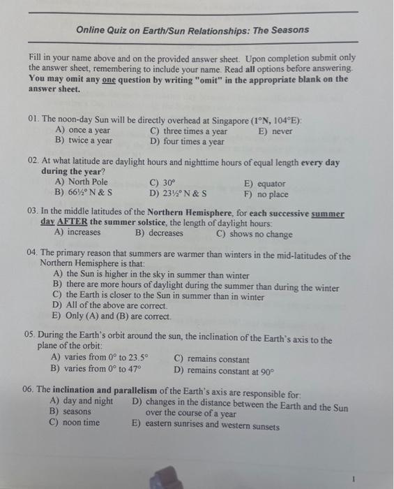 Solved Online Open-Book Assignment on Solar \& Earth | Chegg.com