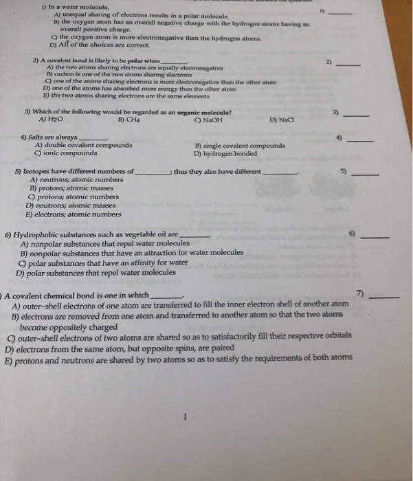 Solved 1) In A Water Molecule. A) Unequal Sharing Of Elec...