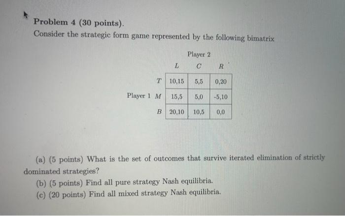 Solved Problem 4 ( 30 Points). Consider The Strategic Form | Chegg.com