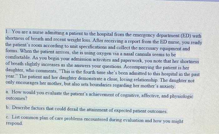 1. You are a nurse admitting a patient to the hospital from the emergency department (ED) with shortness of breath and recent