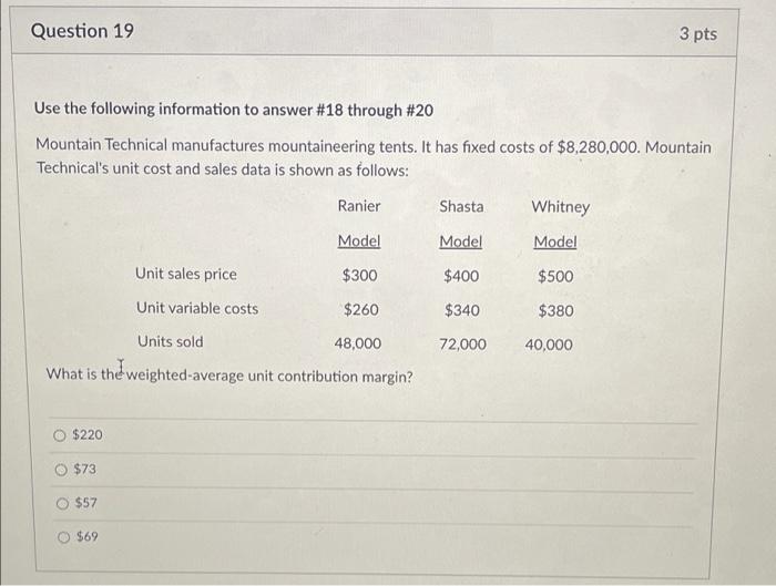 Solved Question 19 3 pts Use the following information to | Chegg.com