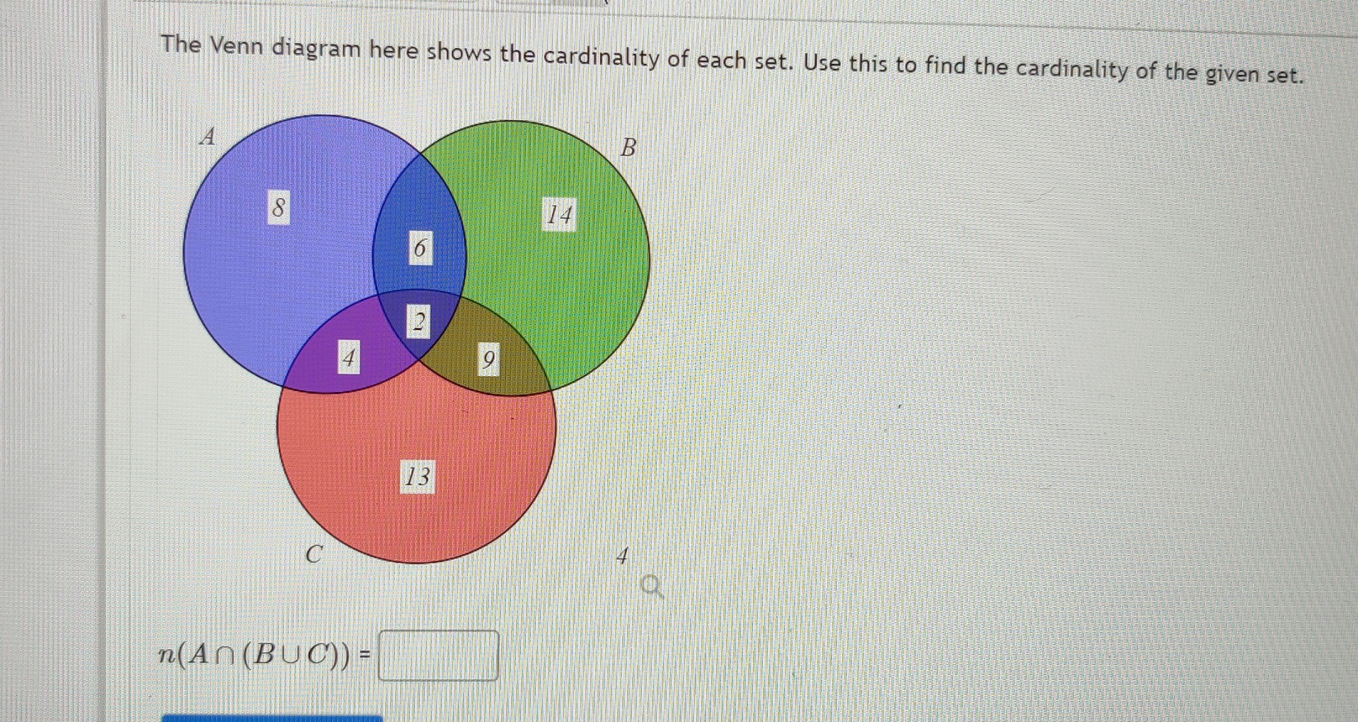 Solved The Venn diagram here shows the cardinality of each | Chegg.com