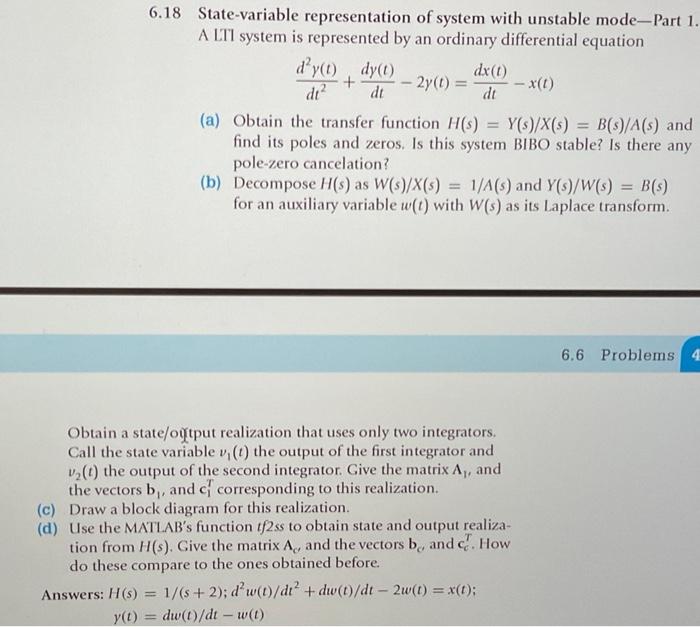 Solved 6.18 State-variable representation of system with | Chegg.com