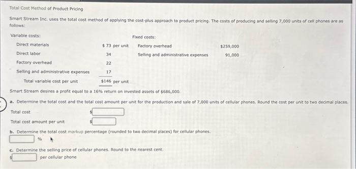 Solved Total Cost Method Of Product Pricing Smart Stream | Chegg.com