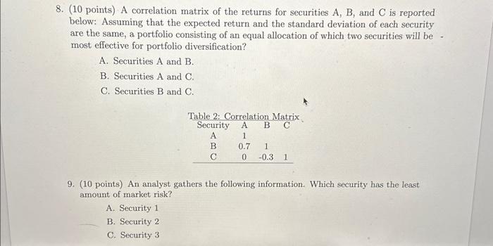 8. (10 Points) A Correlation Matrix Of The Returns | Chegg.com