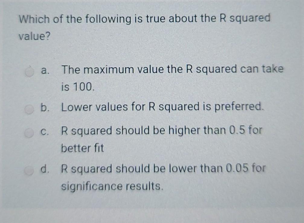 Solved Which of the following is true about the R squared | Chegg.com
