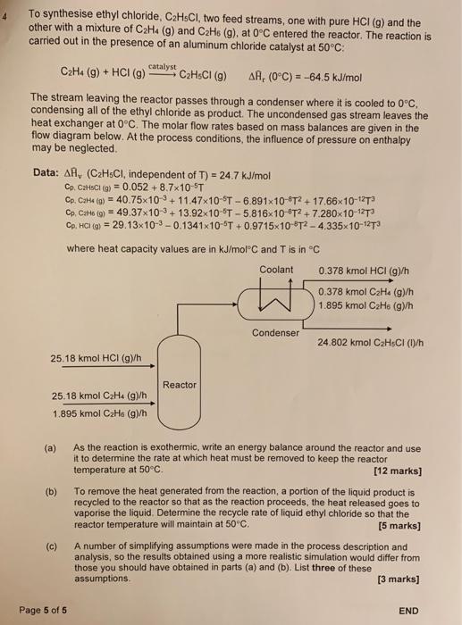 Solved To synthesise ethyl chloride C2H5Cl two feed Chegg