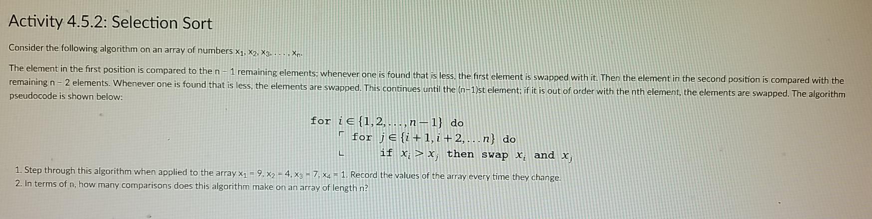 Solved Activity 4.5.2: Selection Sort Consider the following | Chegg.com
