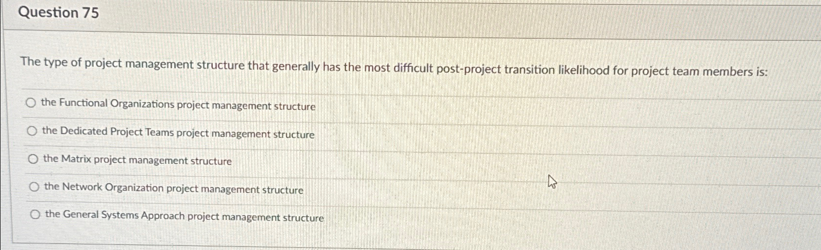 Solved Question 75The type of project management structure | Chegg.com