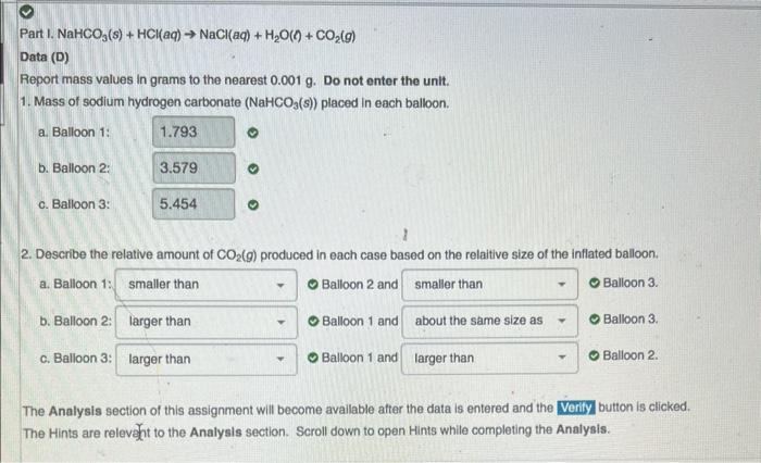 Solved Part I. NaHCO3(s)+HCl(aq)→NaCl(aq)+H2O(t)+CO2(g) Data | Chegg.com
