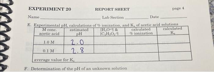 F. Determination of the pH of an unknown solutionE. | Chegg.com