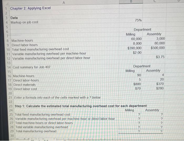 Solved A Chapter 2: Applying Excel Data Markup On Job Cost | Chegg.com