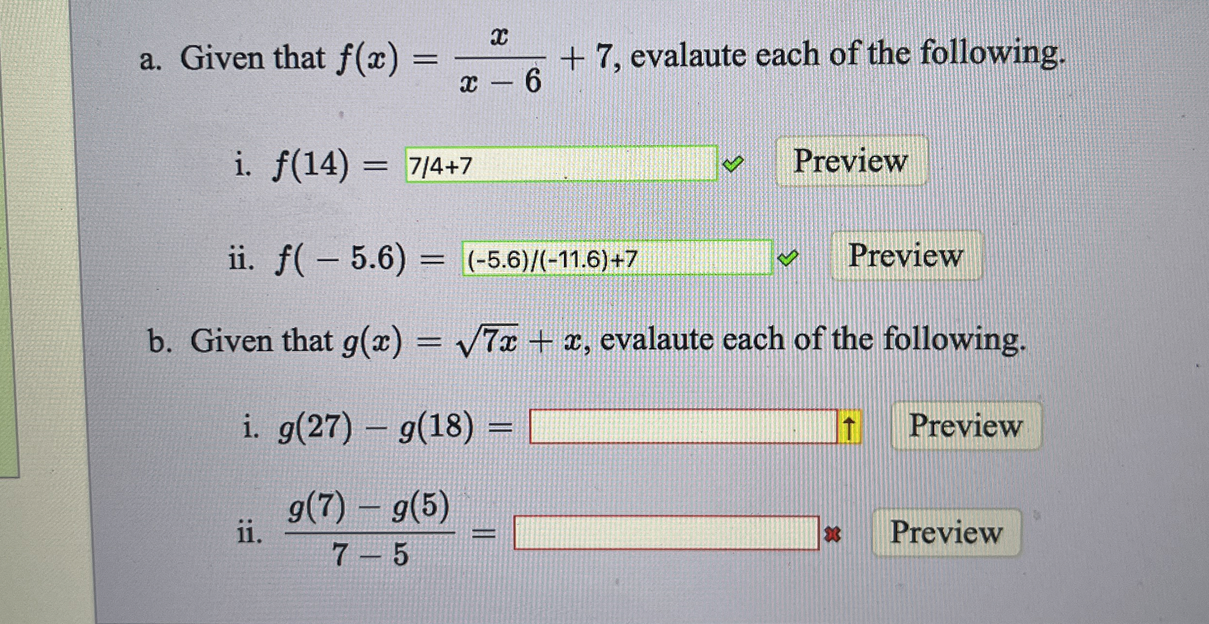 Solved a. ﻿Given that f(x)=xx-6+7, ﻿evalaute each of the | Chegg.com