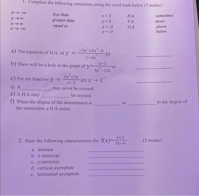 Solved 1 Complete The Following Statements Using The Word 3246