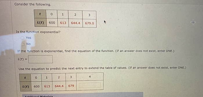 Solved Consider the following. t 0 1 2. 3 L(t) 600 613 644.4 | Chegg.com