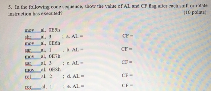 Solved 5. In the following code sequence, show the value of | Chegg.com