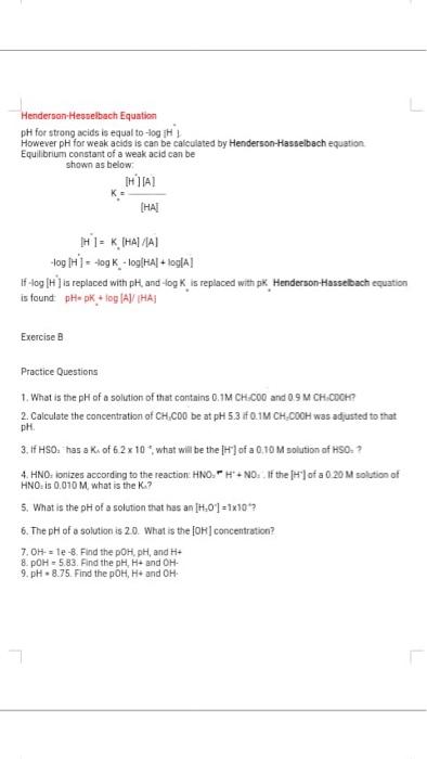 Solved Henderson Hesselbach Equation pH for strong acids is | Chegg.com