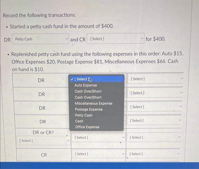 Solved Record the following transactions Started a petty